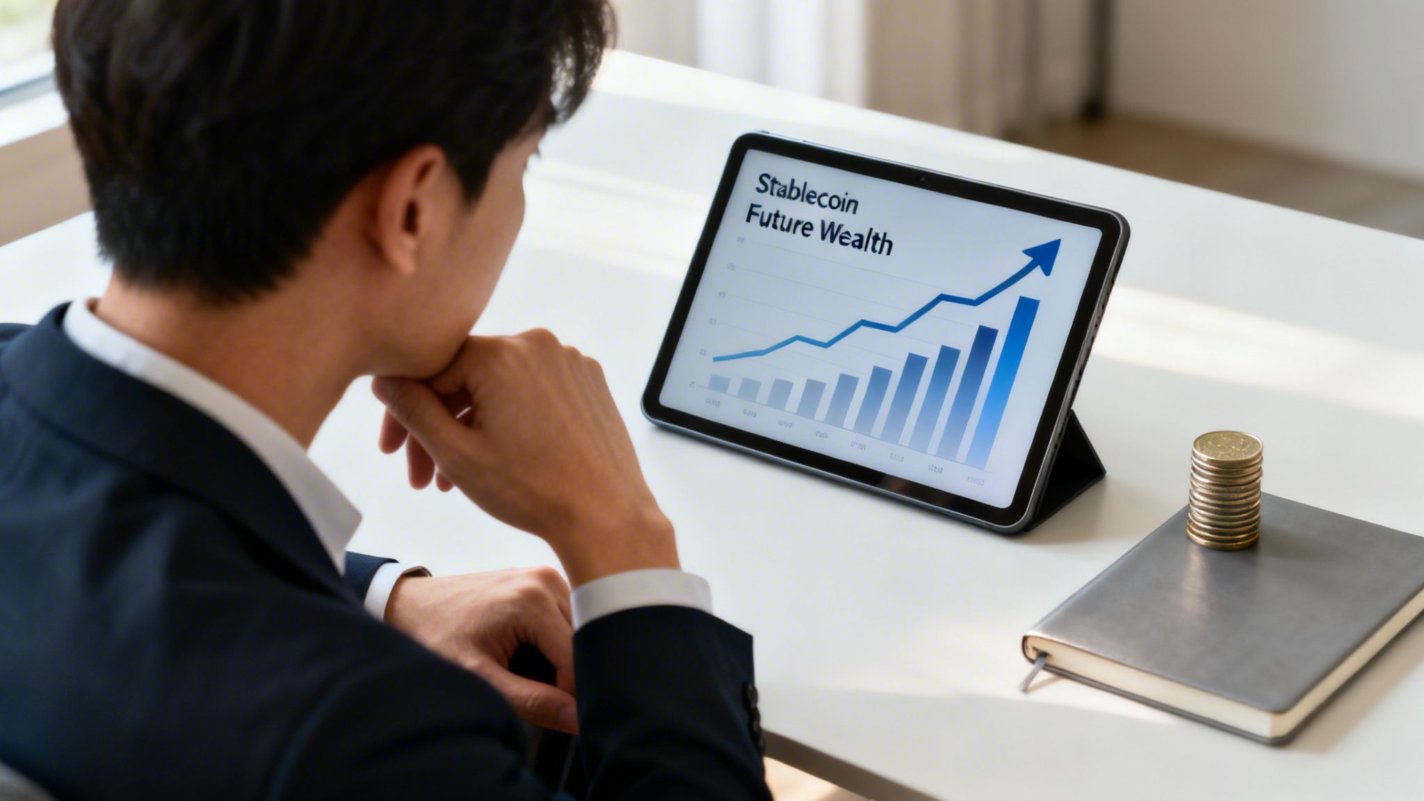 A professional man sitting at a desk looking at a tablet displaying a rising stock market graph.