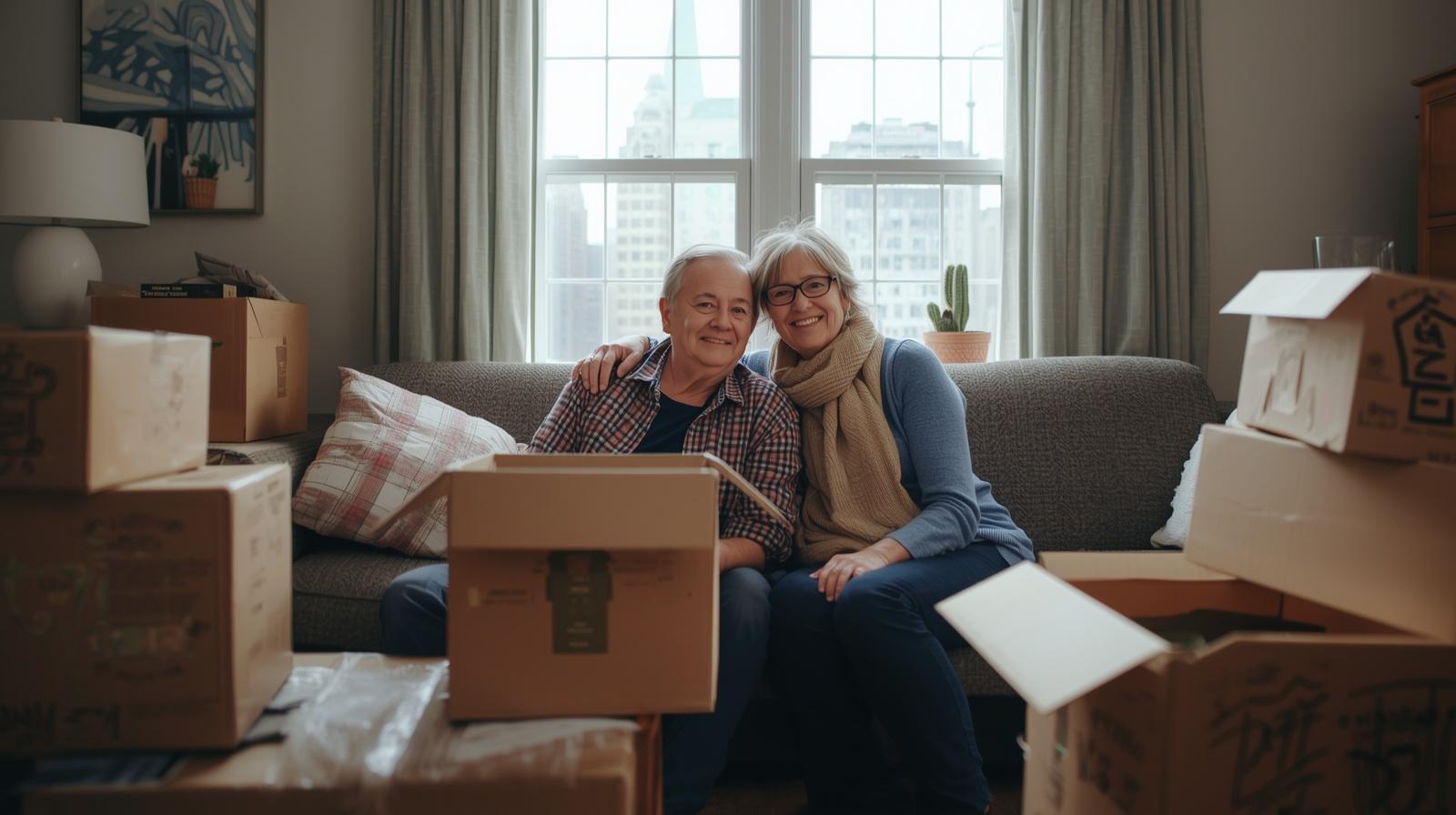 A senior couple sitting on a couch with packing boxes around them