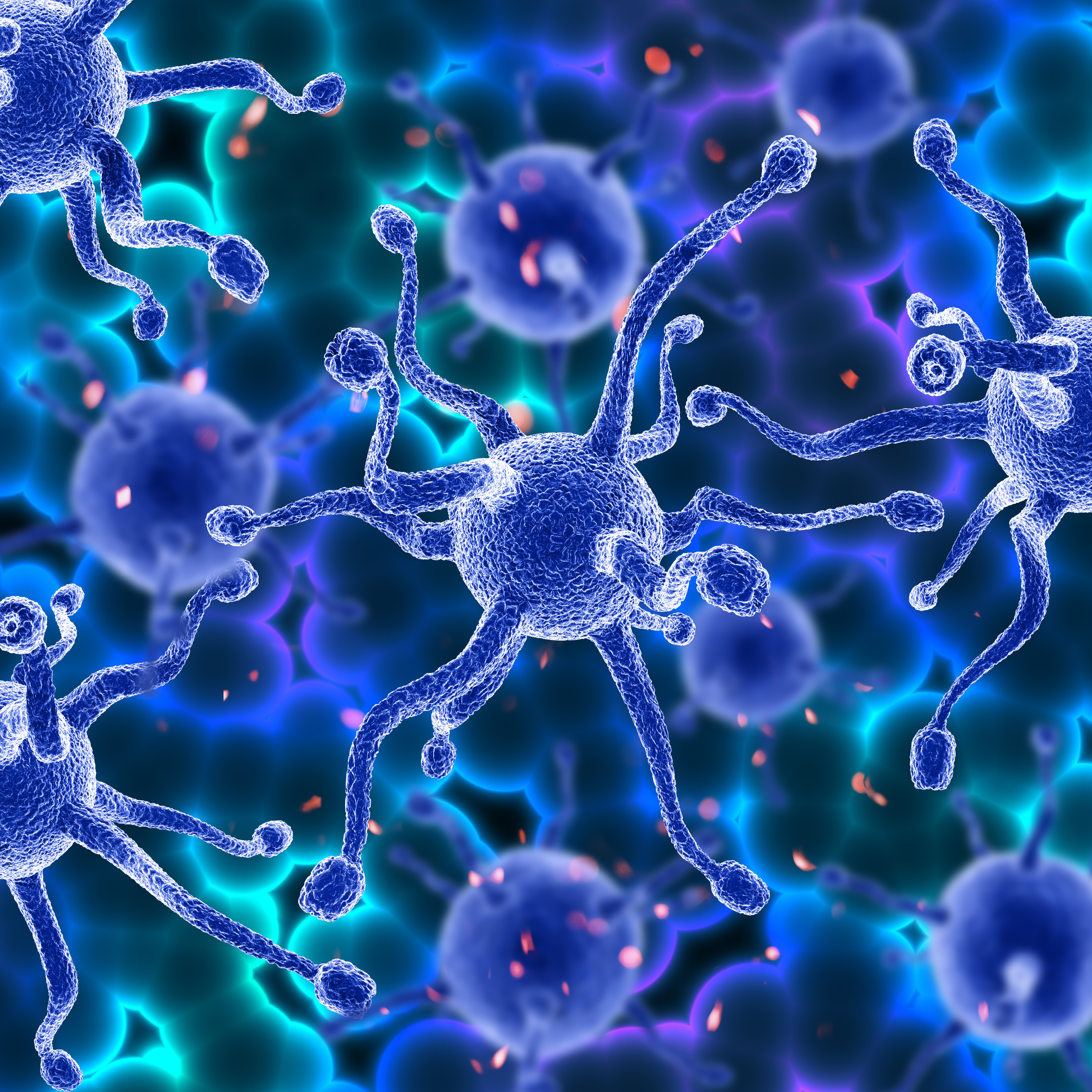Blue neurons with pulsing electrical energy, science illustration