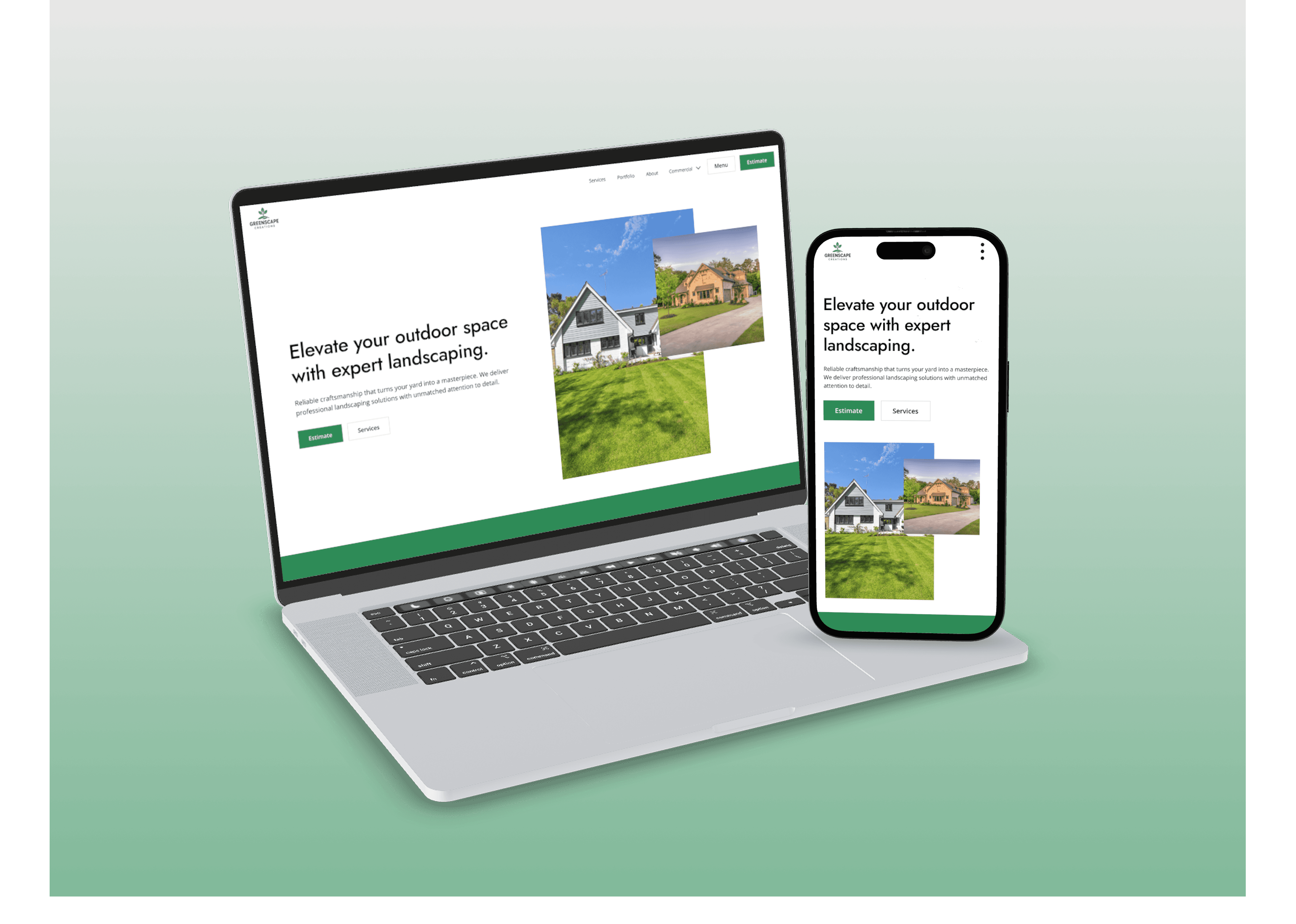 Website mockups on laptop and phone showcasing expert landscaping services with images of beautiful homes.