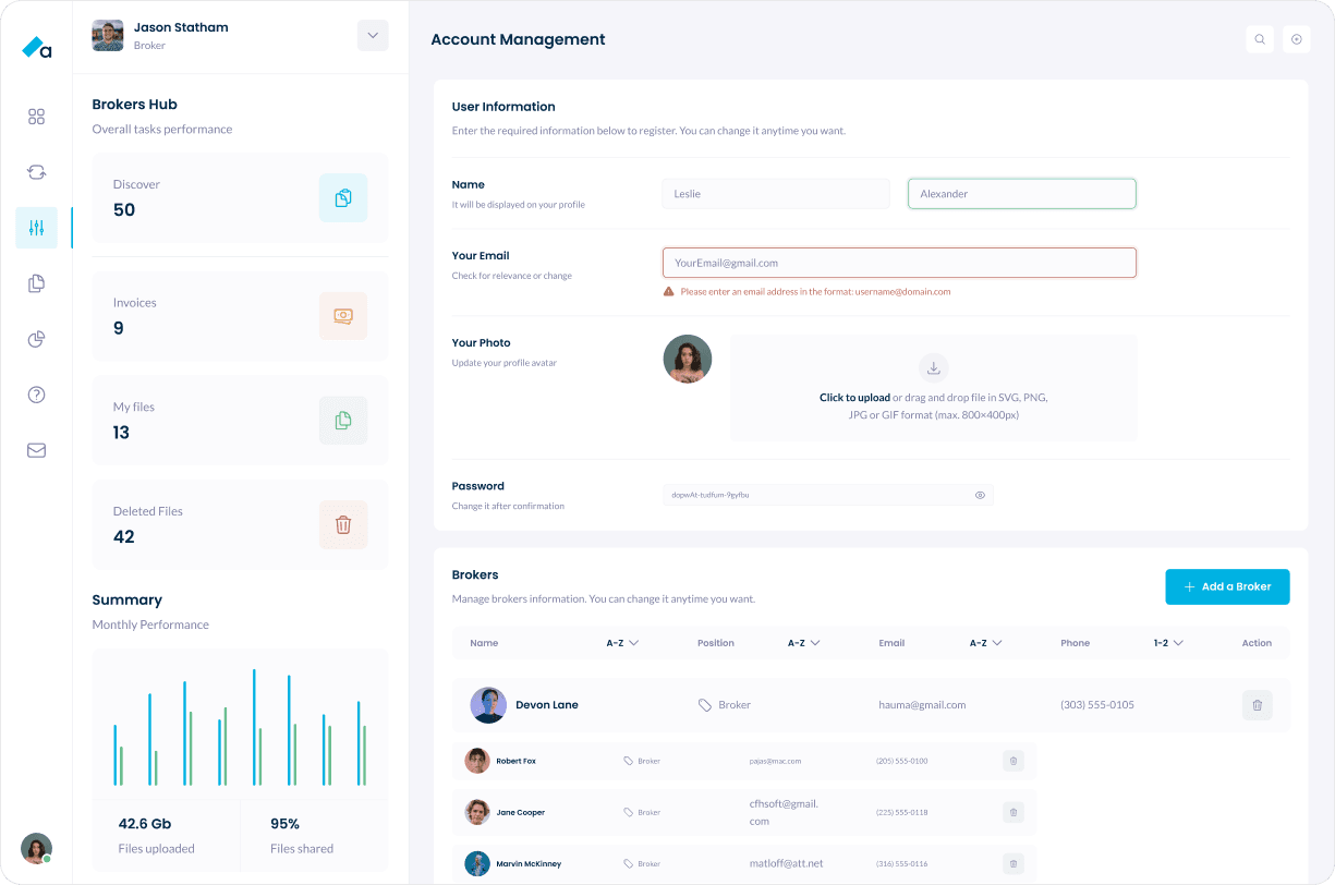 Account Management screen from the redesigned Azora Finance web platform, showing editable user information fields such as name, email validation, profile photo upload and password settings. Below, a Brokers management table displays team members with roles, emails, phone numbers and action controls. The left sidebar highlights key broker metrics including deals submitted, invoices, invites, deleted files and monthly performance charts. Clean, structured UI supports efficient management of user profiles and broker teams within Azora’s lending and finance operations system.