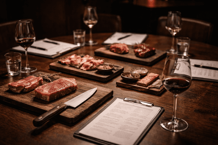 Fleischstücke, Messer und Weingläser auf einer konzentrierten Tasting-Tafel