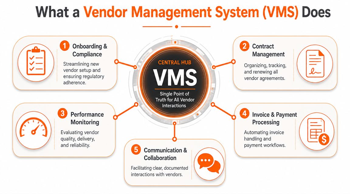 A diagram illustrating the five core functions of a Vendor Management System acting as a central hub.