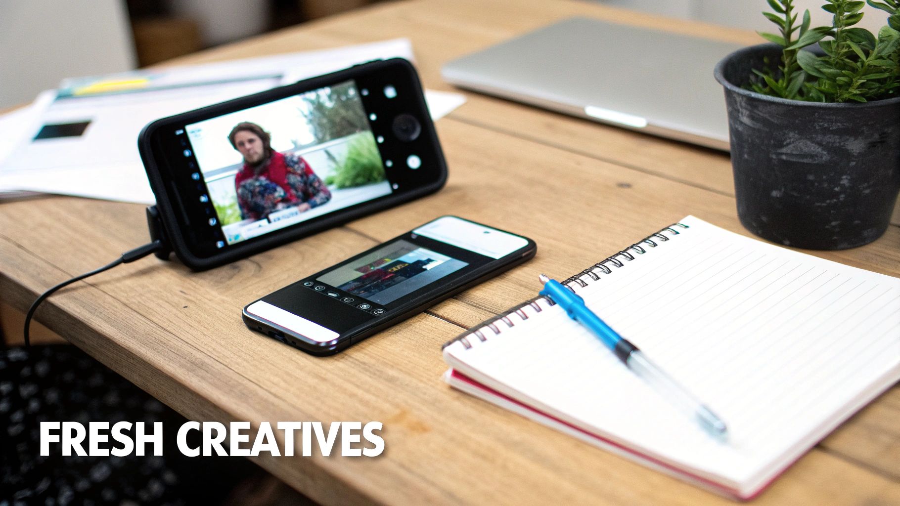 A productive workspace on a wooden desk with two smartphones, one showing a video, a laptop, notebook, and potted plant.
