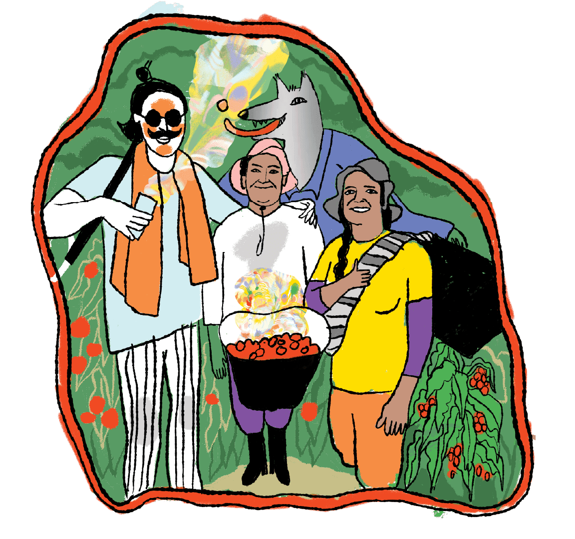 Illustration of farmers and Cascara Cabinet representing social impact and fair