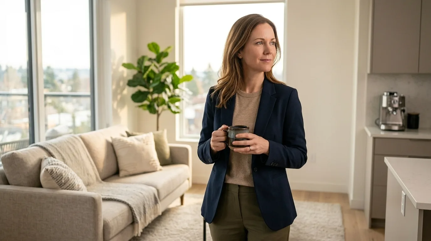 Relaxed property manager with coffee after GuestReply handles routine guest messages in the background.