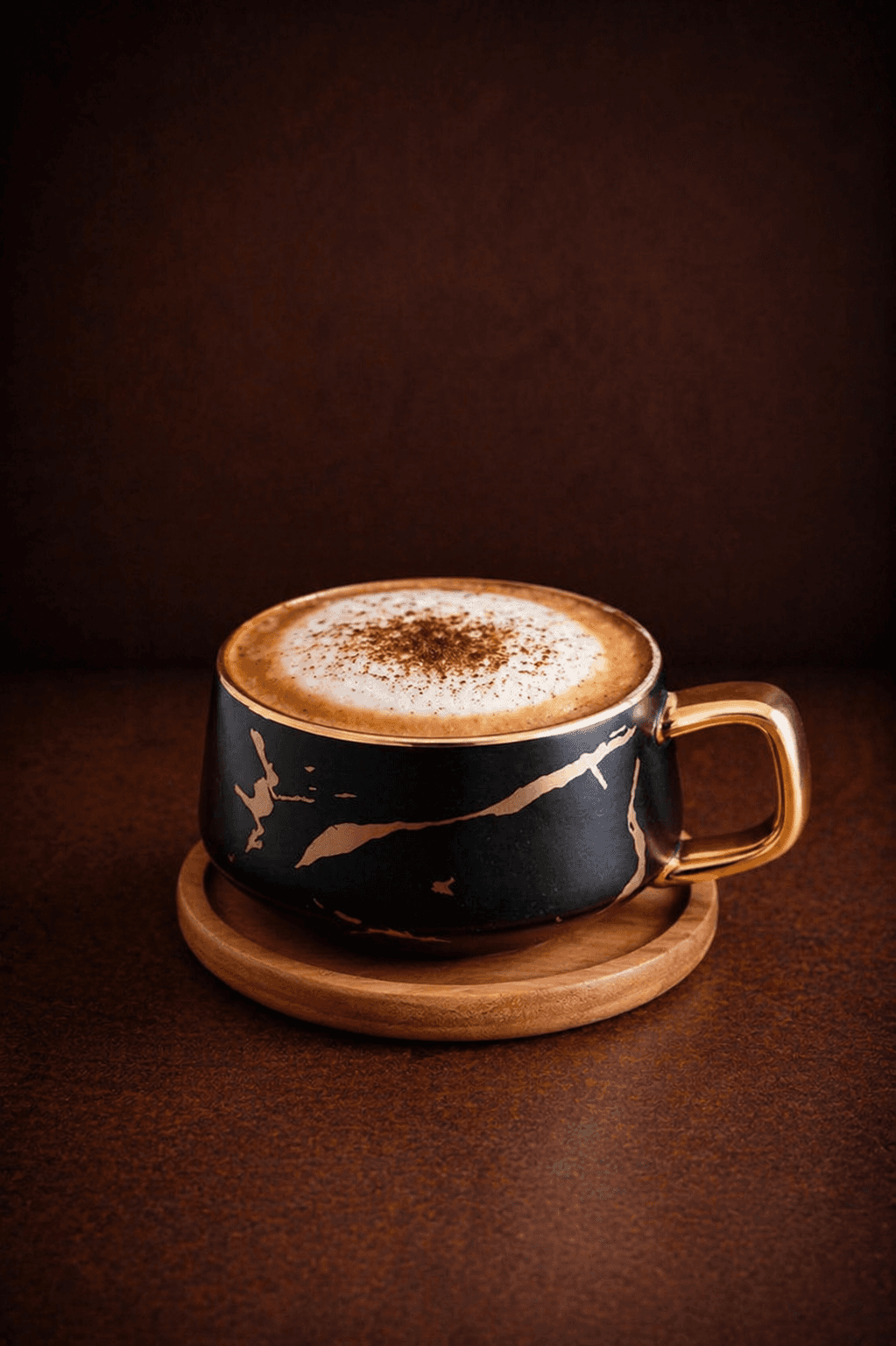 Italian Cappuccino with velvety foam in a black-and-gold ceramic cup at Café Sherpa's café in Brookfield, WI. Bold espresso layered with steamed milk.