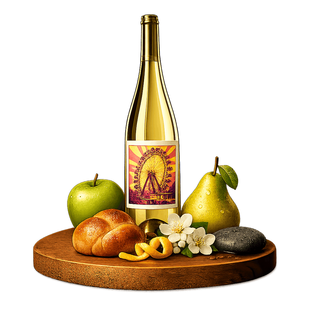 Artistic label and flavor profile for Austrian Sparkling Wine on a rustic wooden table.