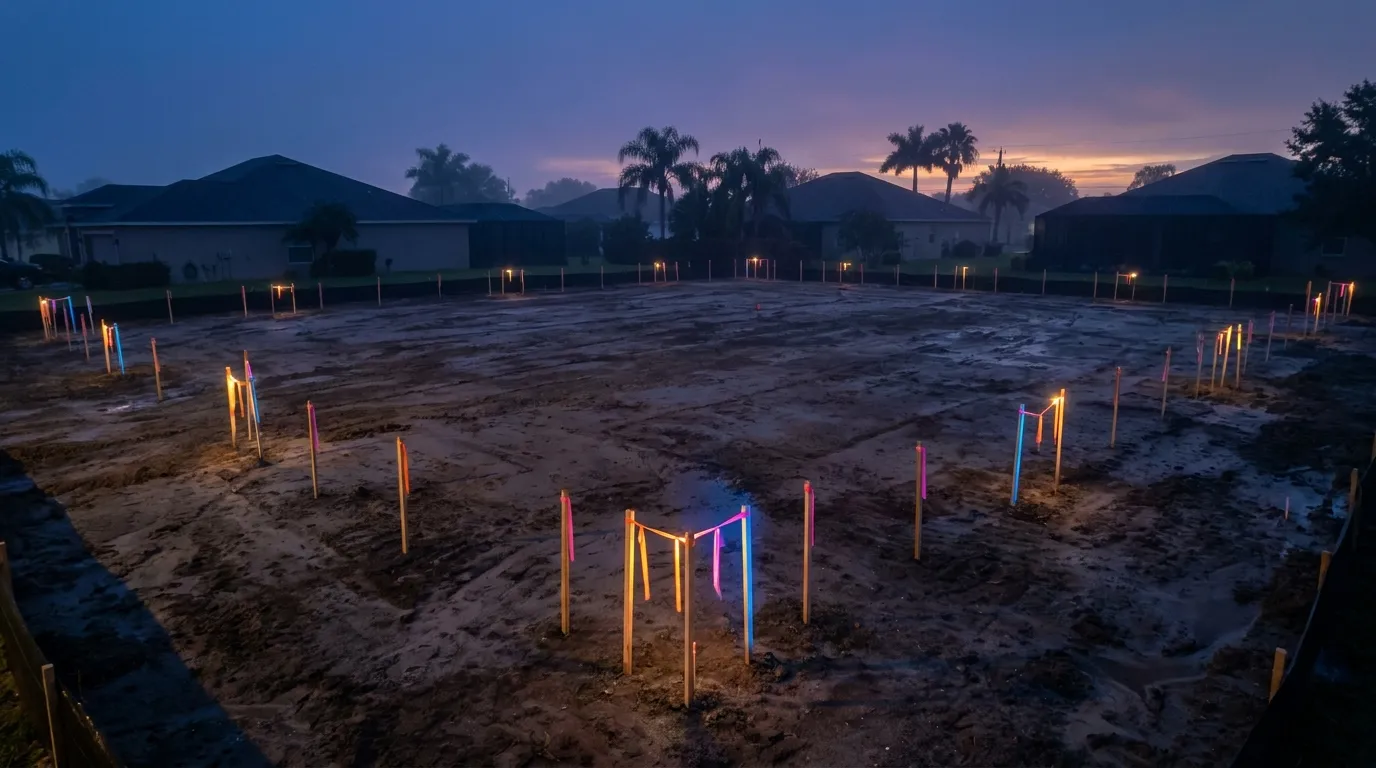 Construction site at twilight, vibrant markers; RockN' Socials Digital Marketing.