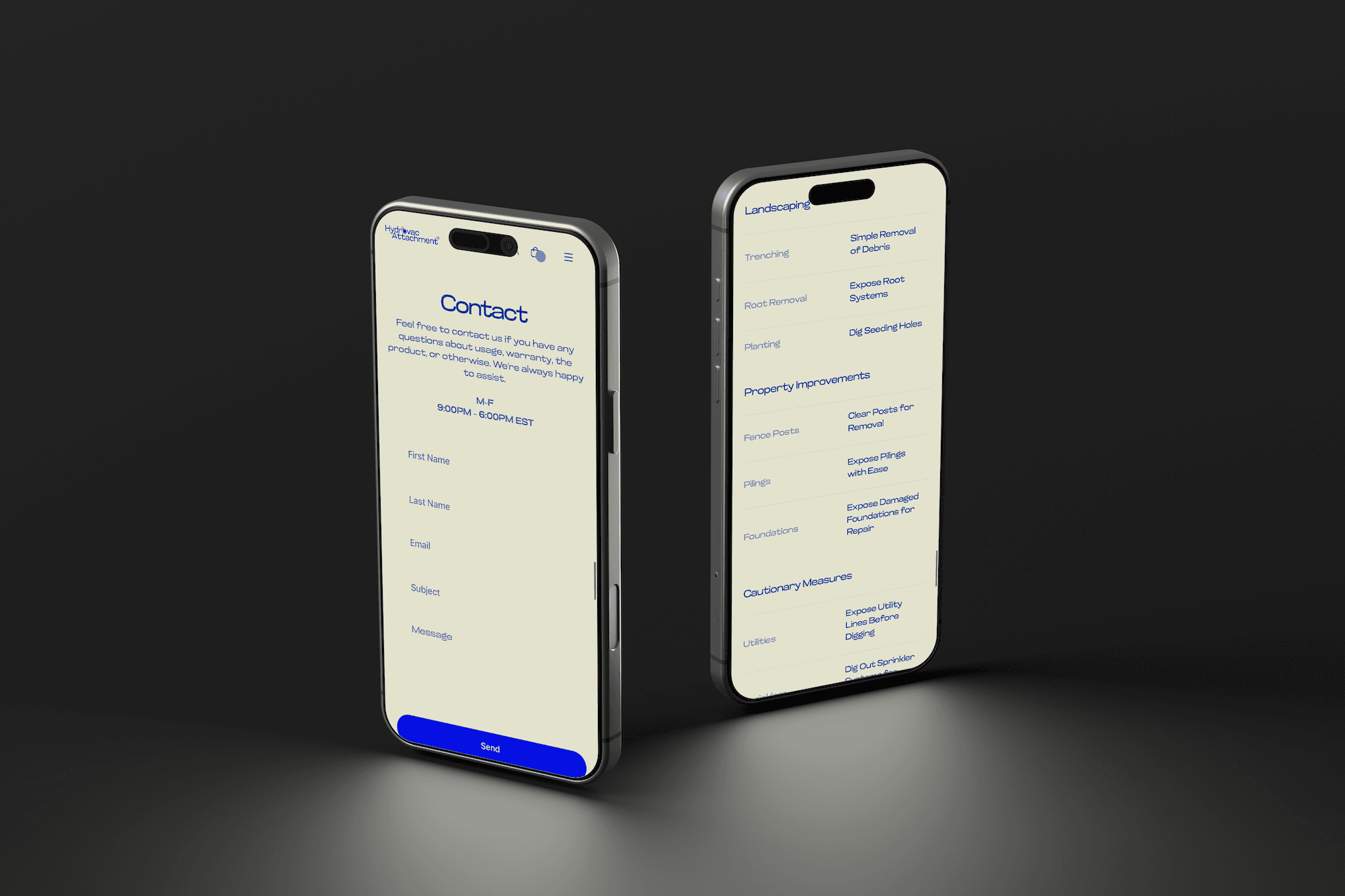 two phones in a dark room displaying a website on different pages