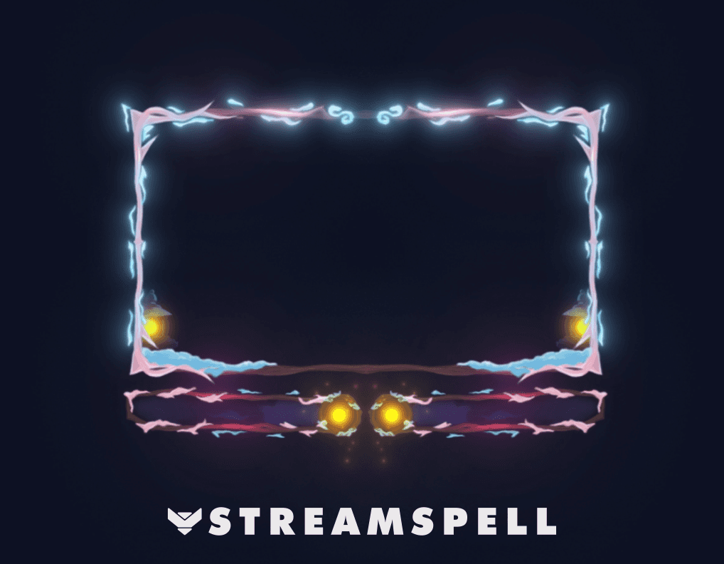 TheChamberTCG custom webcam overlay with cherry blossom branches, cyan accents, glowing lanterns, and StreamSpell branding