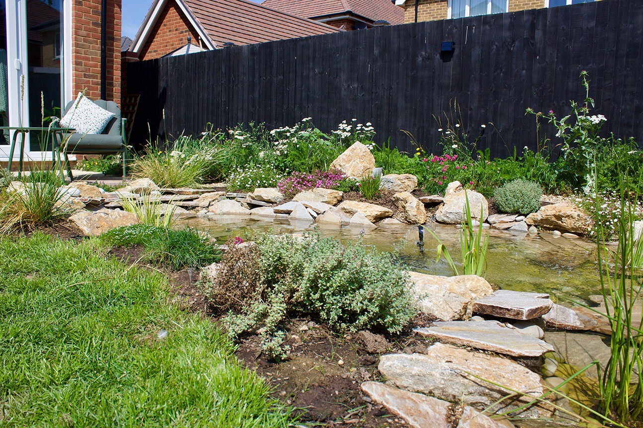 A landscaped garden featuring rocks, plants, and grass against a black fence and a house in the background.