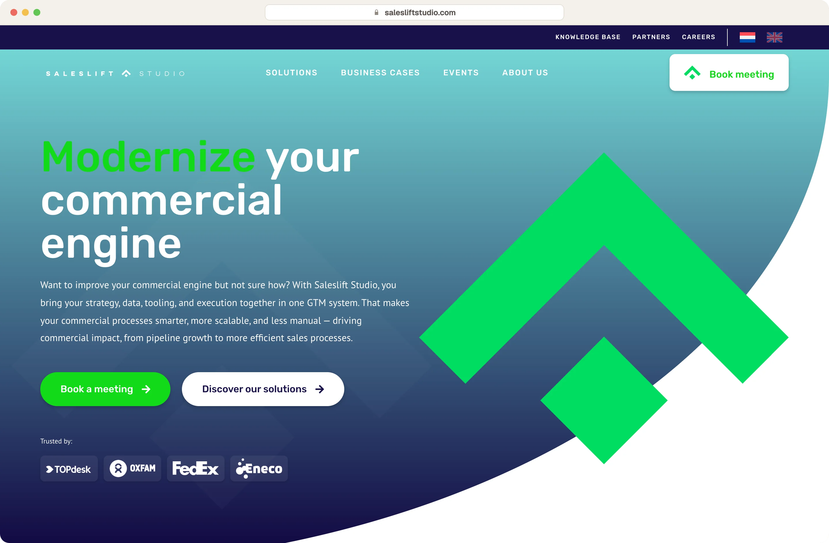 Homepage van Saleslift Studio, een Nederlands bureau voor uitbestede sales development met kantoren in Nederland en het Verenigd Koninkrijk