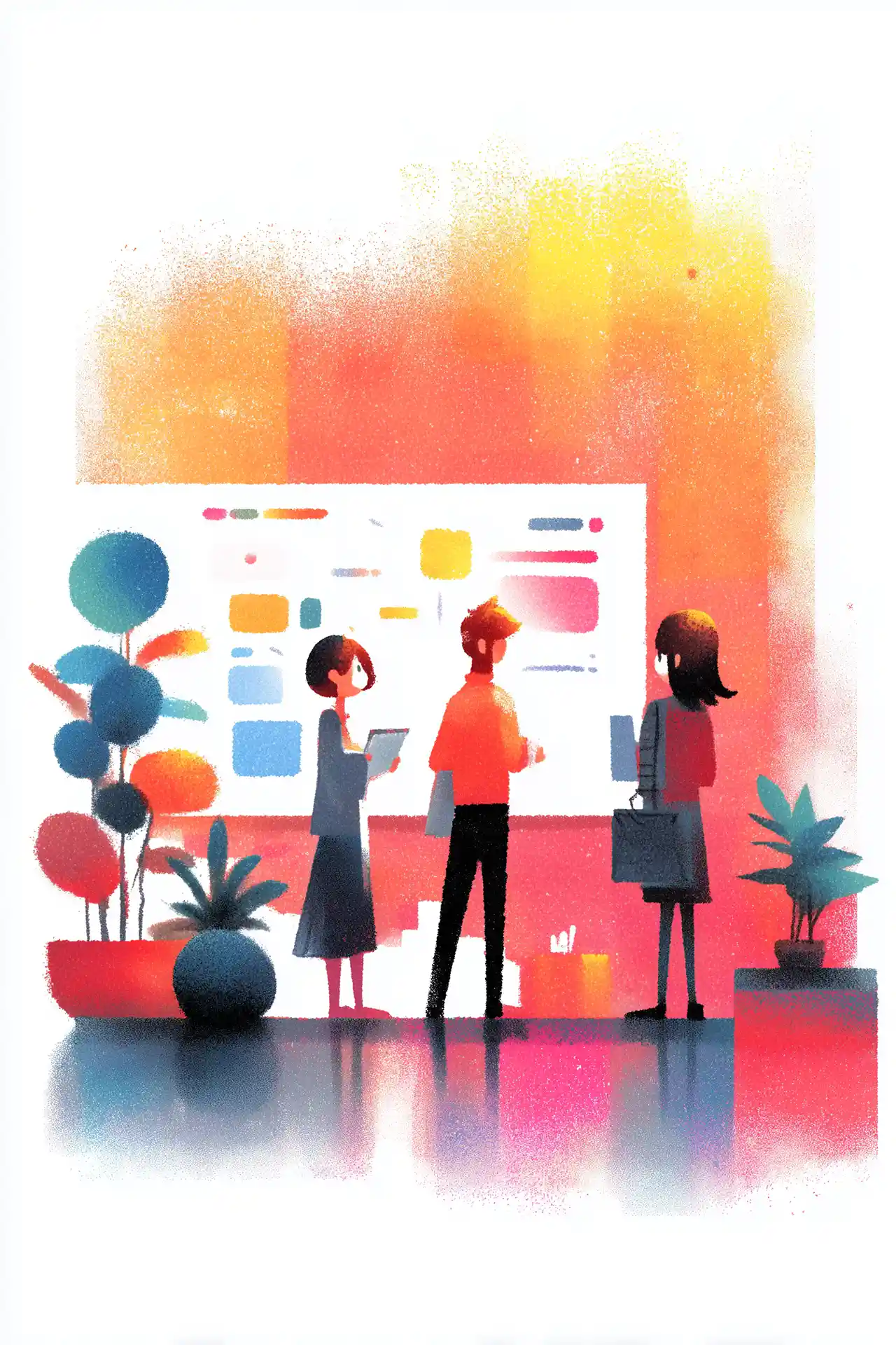 Textured editorial illustration of three professionals standing before a large board displaying colorful brand elements, set in a warm office environment with stylized potted plants.
