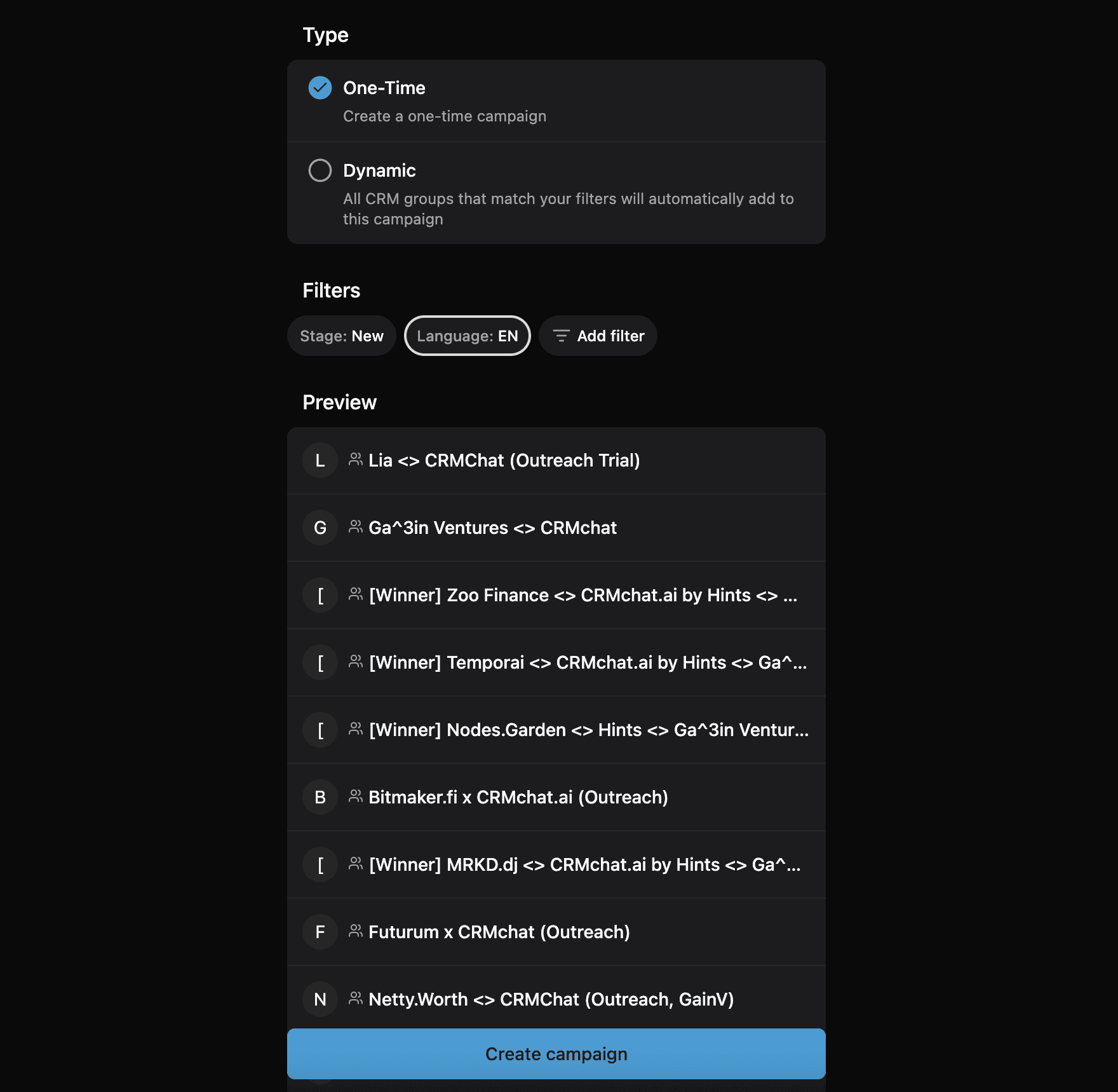 Outreach campaign setup to Telegram group chats in CRMChat dashboard 
