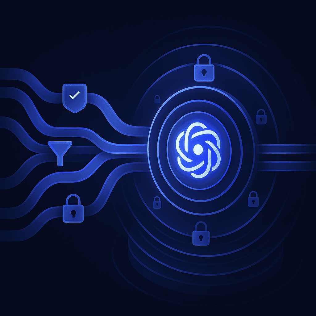 Abstract flow diagram showing layered governance and security controls for AI search operations