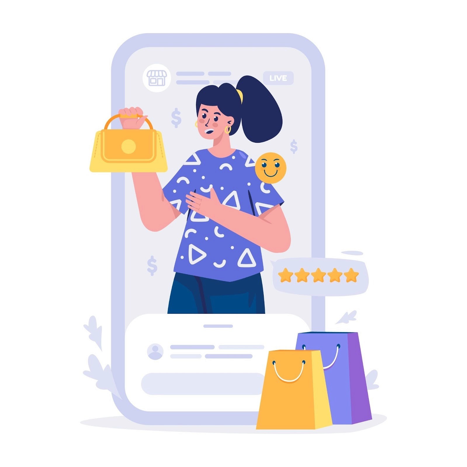 Influencer live streaming a product review on mobile with five-star rating and shopping bags