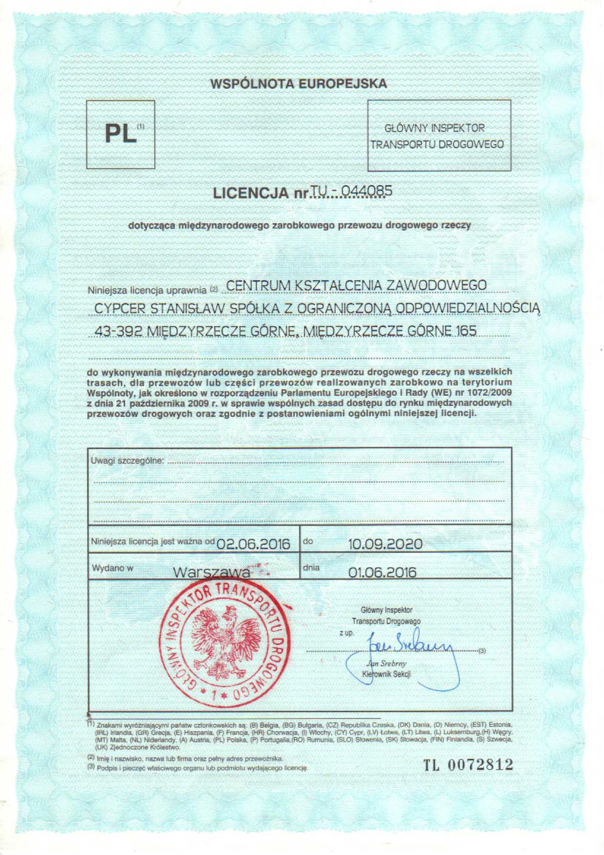 Certyfikat potwierdzający zgodność działań CKZ Cypcer z normami bezpieczeństwa w szkoleniach zawodowych.