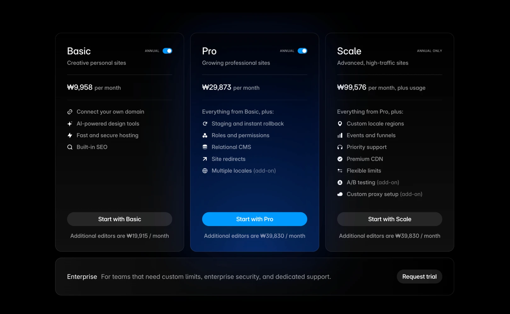 Framer의 Pricing 페이지를 통해 어떤 Plan에서 Well-known 파일을 제공하는지 안내합니다.