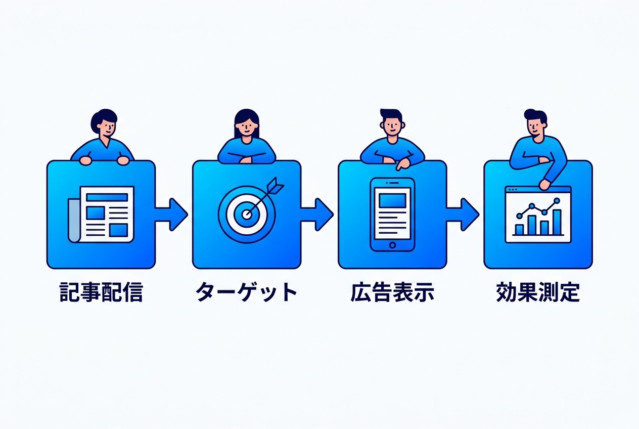 SmartNews広告の配信は記事コンテンツと連動し、ユーザーの読了行動に基づいてタイミング配信される。記事配信→ターゲティング→広告表示→効果測定の流れで、平均CTR0.8%（一般的なディスプレイ広告の2.3倍）を実現。