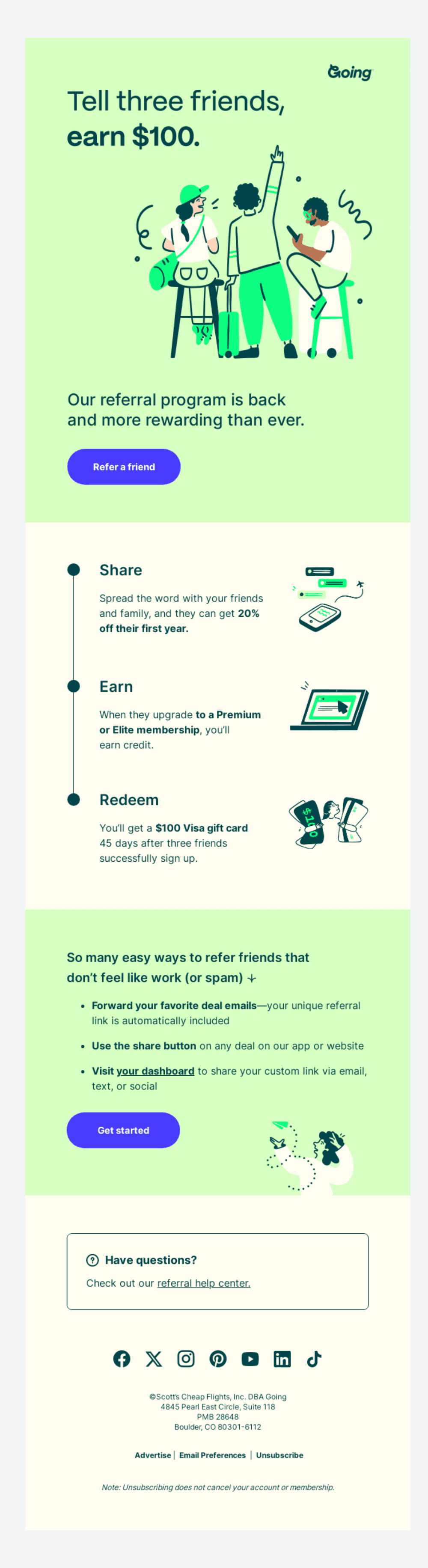  "Referral program email from Going with the headline 'Tell three friends, earn $100.' It outlines steps to share, earn, and redeem rewards, offering a $100 Visa gift card for successful referrals. Includes vibrant green visuals and call-to-action buttons for 'Refer a Friend' and 'Get Started.'"