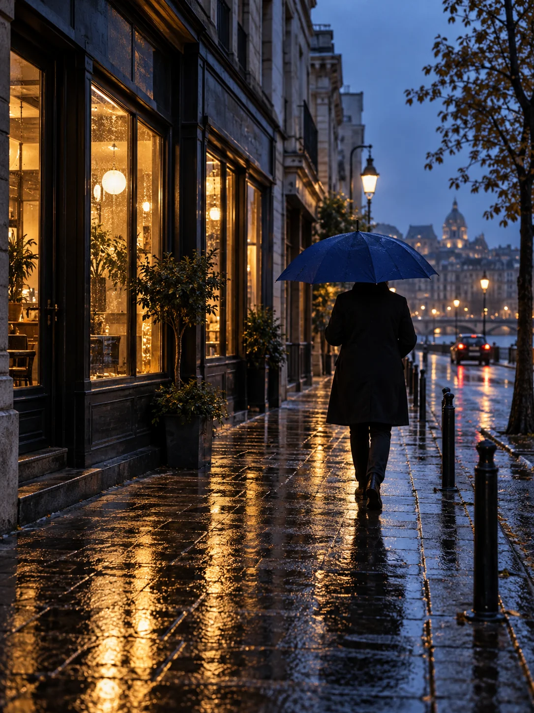 Rainy city street with a cobalt umbrella, created with AI