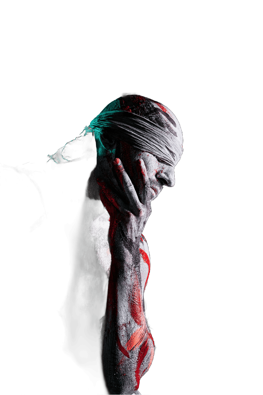 a man covered in paint holding his hands to his face (Background Removed)