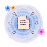 The image features a central document surrounded by magnifying glasses, set against a swirling blue background with colorful floral accents, symbolizing research and analysis.