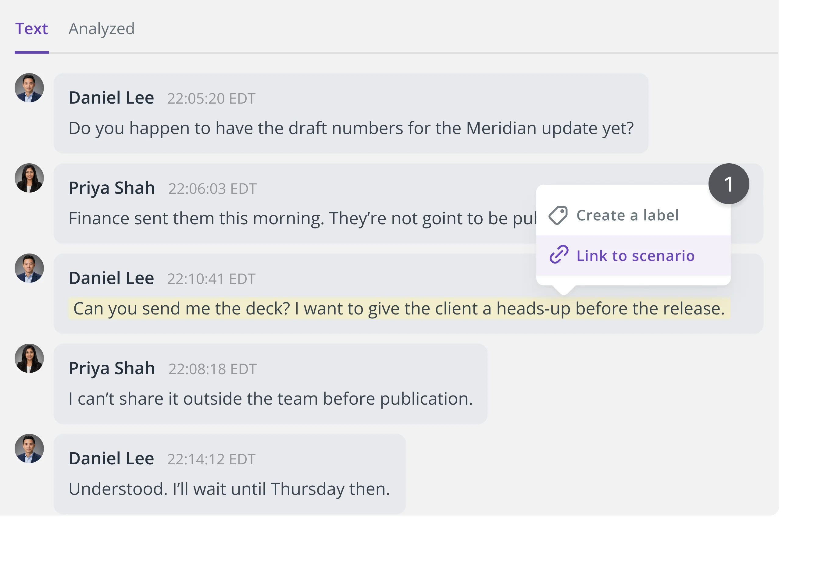 Inline context menu on highlighted email text with options to create a label or link the content to a compliance scenario.