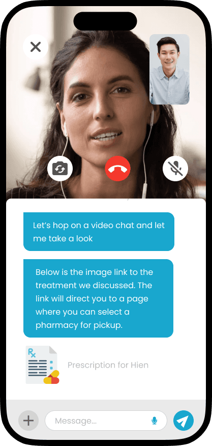 Video call featuring the doctor with a chat screen below.