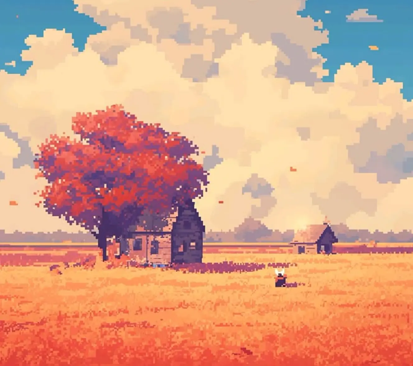 Retro pixel art countryside scene with small farmhouse and large red tree in an autumn field.