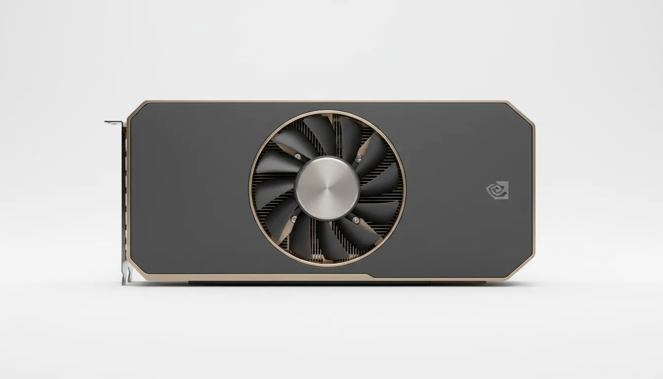 Commercial product photography of a modern high-end GPU, an NVIDIA RTX 4080 Founders Edition, captured with a DSLR camera in razor-sharp focus. Side-view of the hardware, isolated on a clean, solid white background under soft studio lighting. Hyper-detailed, showcasing the matte dark gray shroud with a distinctive gunmetal champagne-colored metal frame. A large black cooling fan with a circular brushed metal hub is visible. The entire object is perfectly lit with even highlights and soft shadows, emphasizing the premium textures of anodized metal and plastic.
