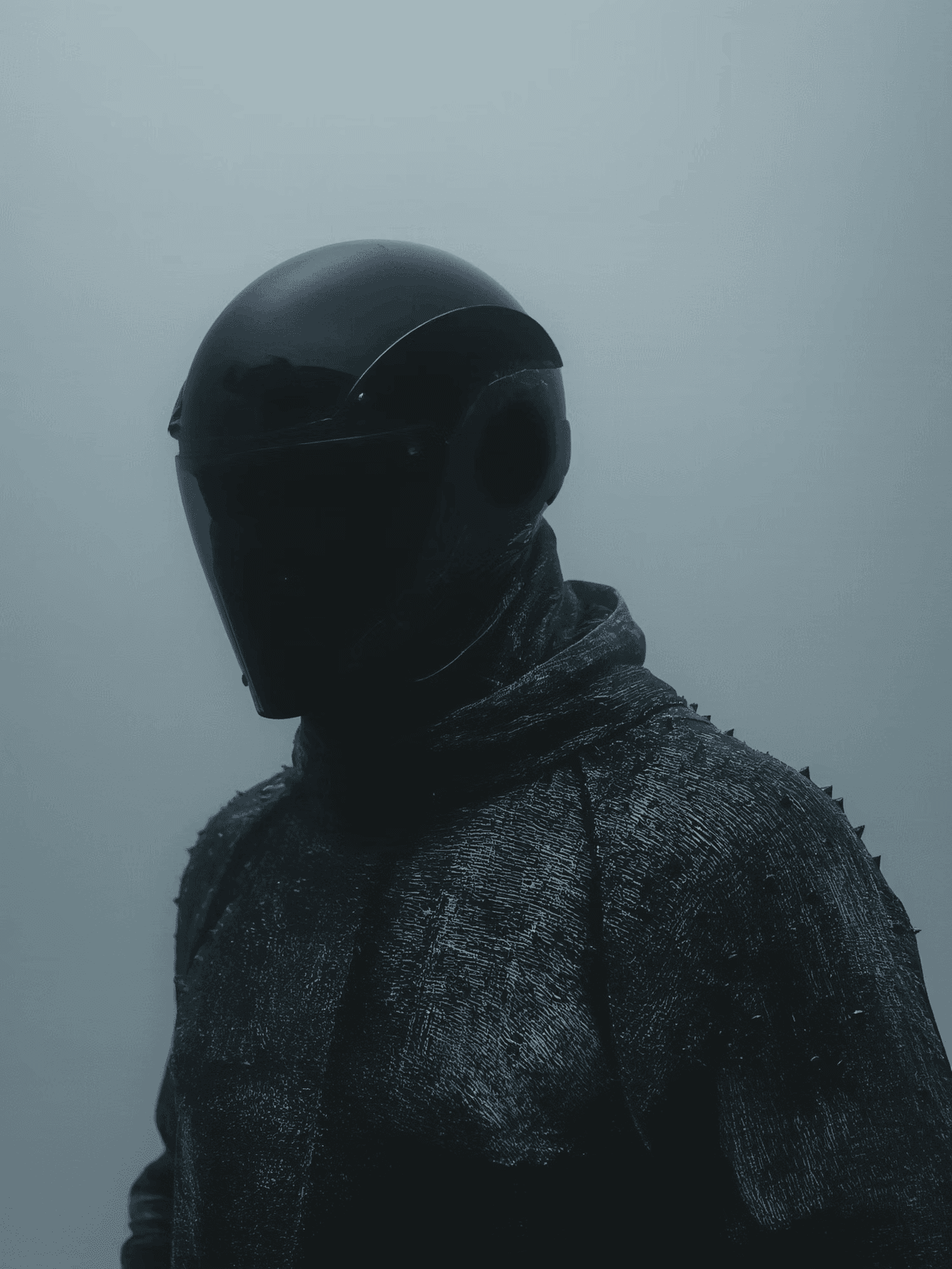 Mysterious figure in a dark, futuristic helmet and spiked jacket.