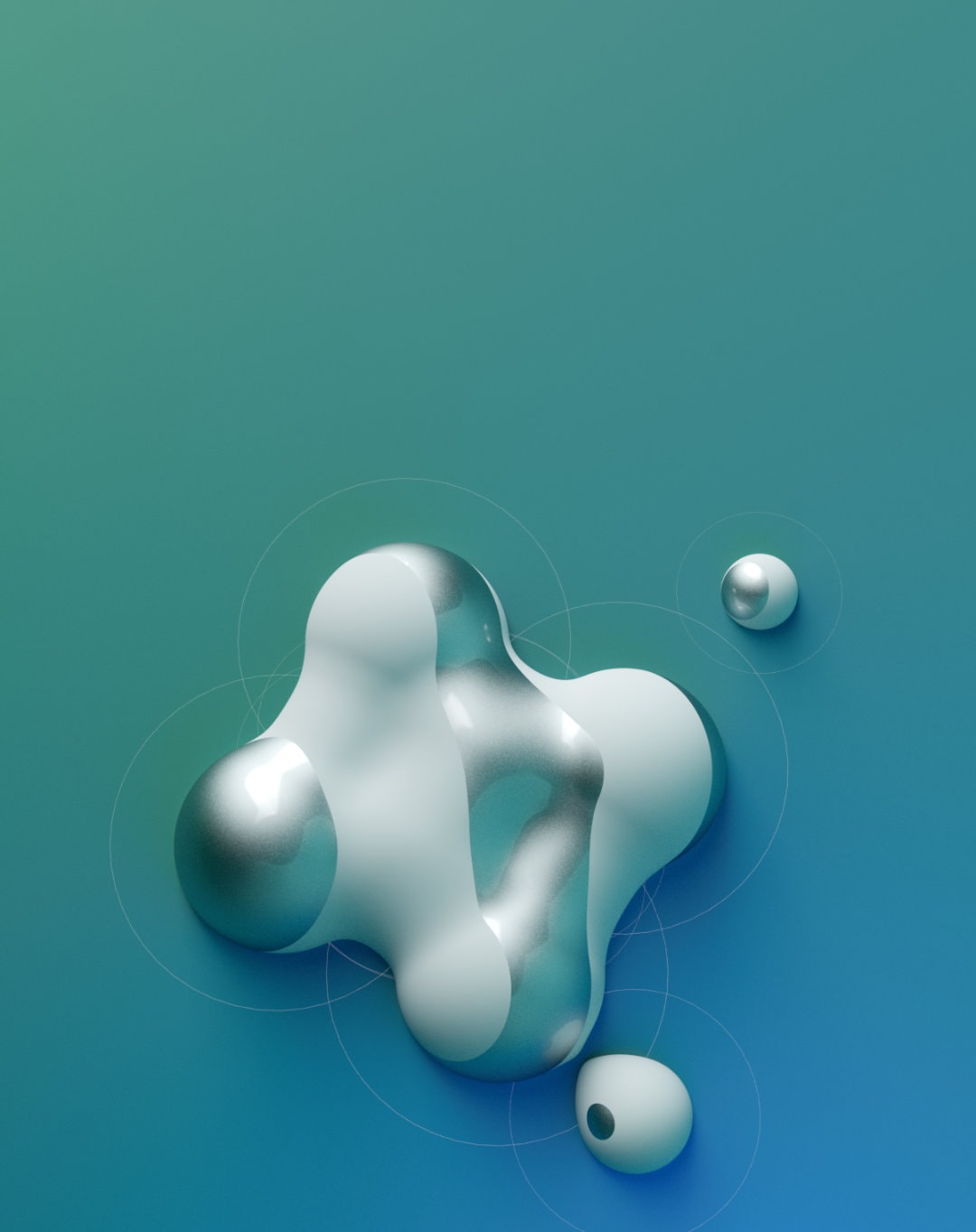 Silberne Metaballs mit blauen Lichtakzenten und geometrischen Linien – Symbol für fluide KI-Technologie von Mercury.ai.