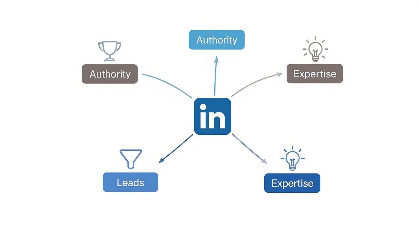 A diagram illustrating LinkedIn as a central platform connecting to authority, expertise, and leads.