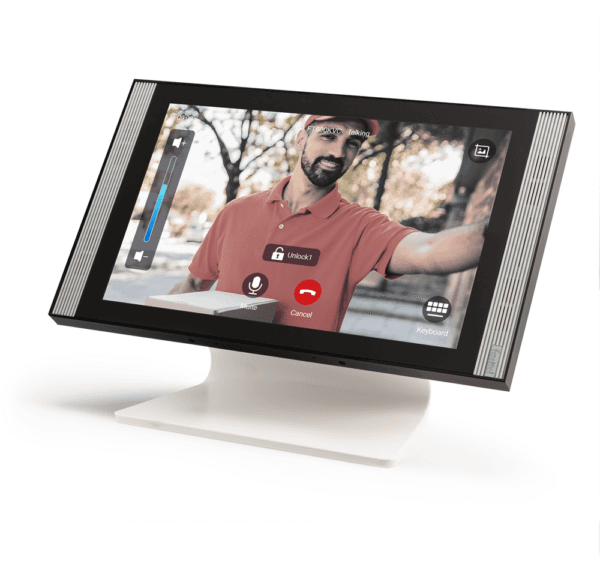 Black smart home device with screen showing time and temp