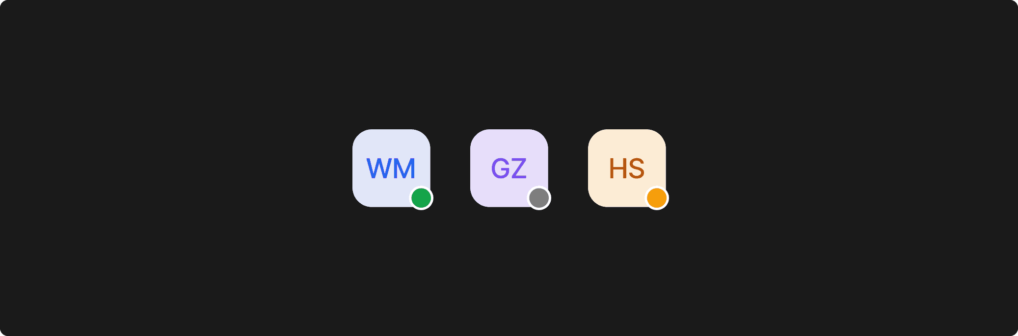 3 avatares com iniciais dos usuários e um pequeno círculo na parte inferior direita. Cada um contém uma cor diferente: verde para online, amarelo para ausente e cinza para offline.