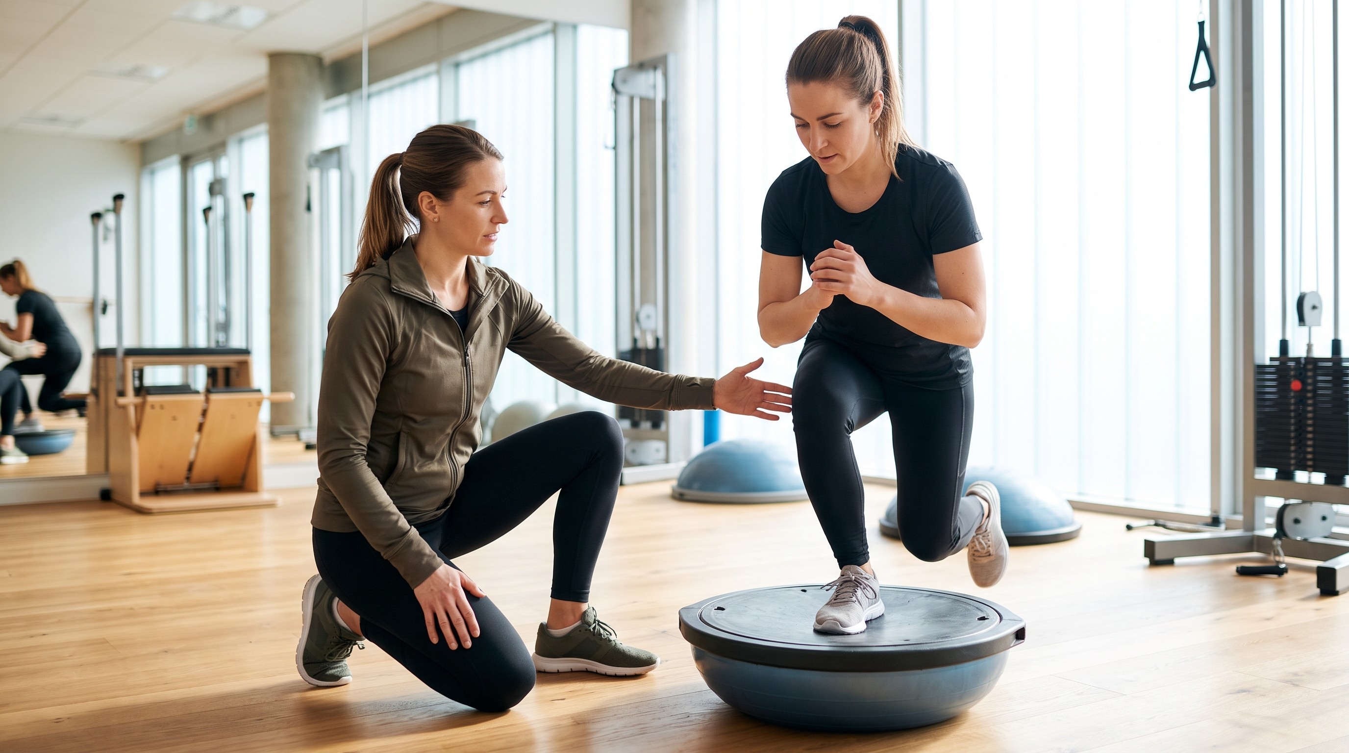 Personal trainer femminile guida cliente in esercizio di rinforzo per il ginocchio in palestra moderna