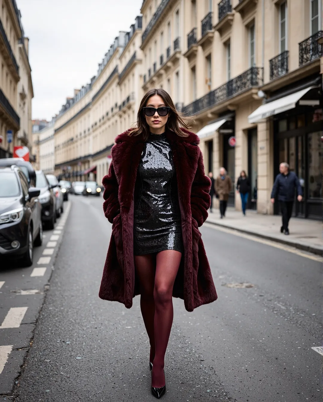 Woman in burgundy fur coat and black sequin dress walking on Parisian street in winter with classic architecture