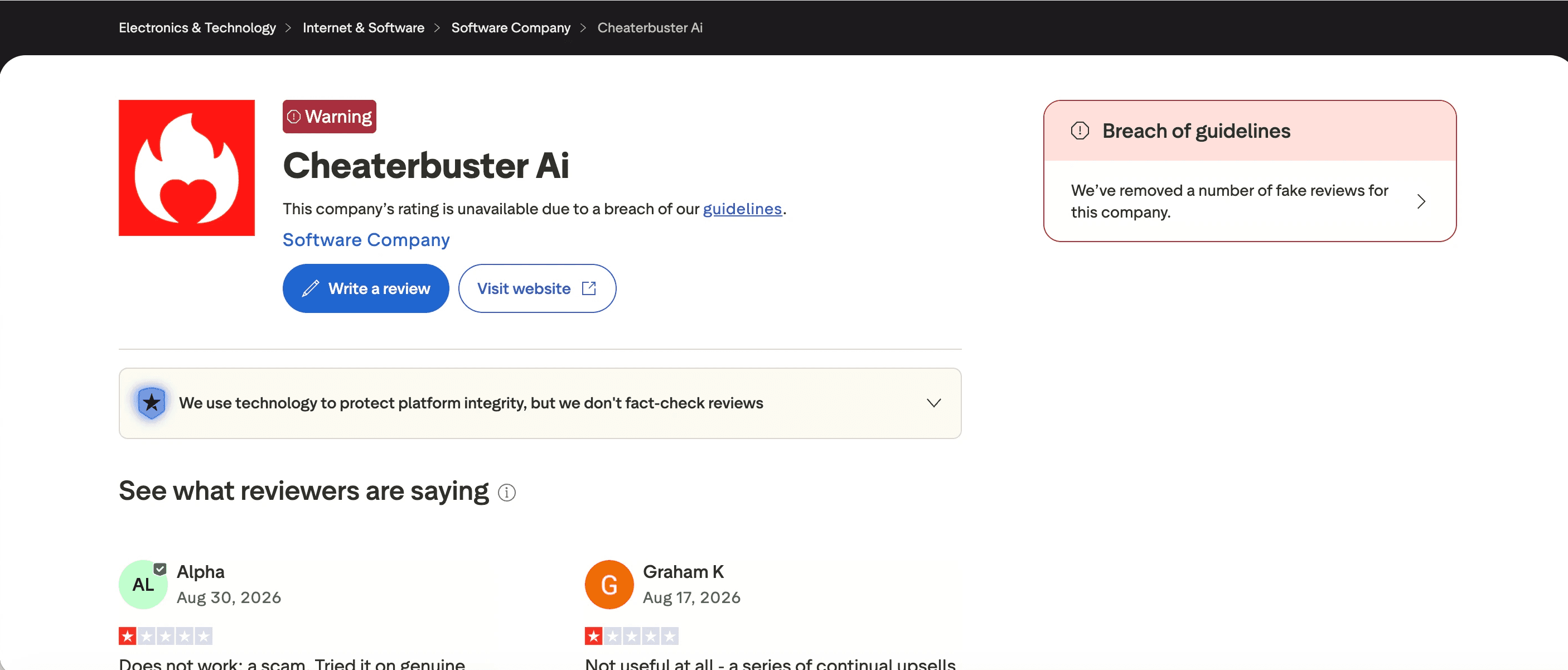 Cheaterbuster AI Trustpilot reviews and platform warning in 2026