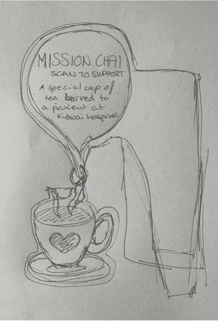 Pencil sketch of a tea cup with a heart on it and a speech bubble reading “Mission Chai – scan to support.