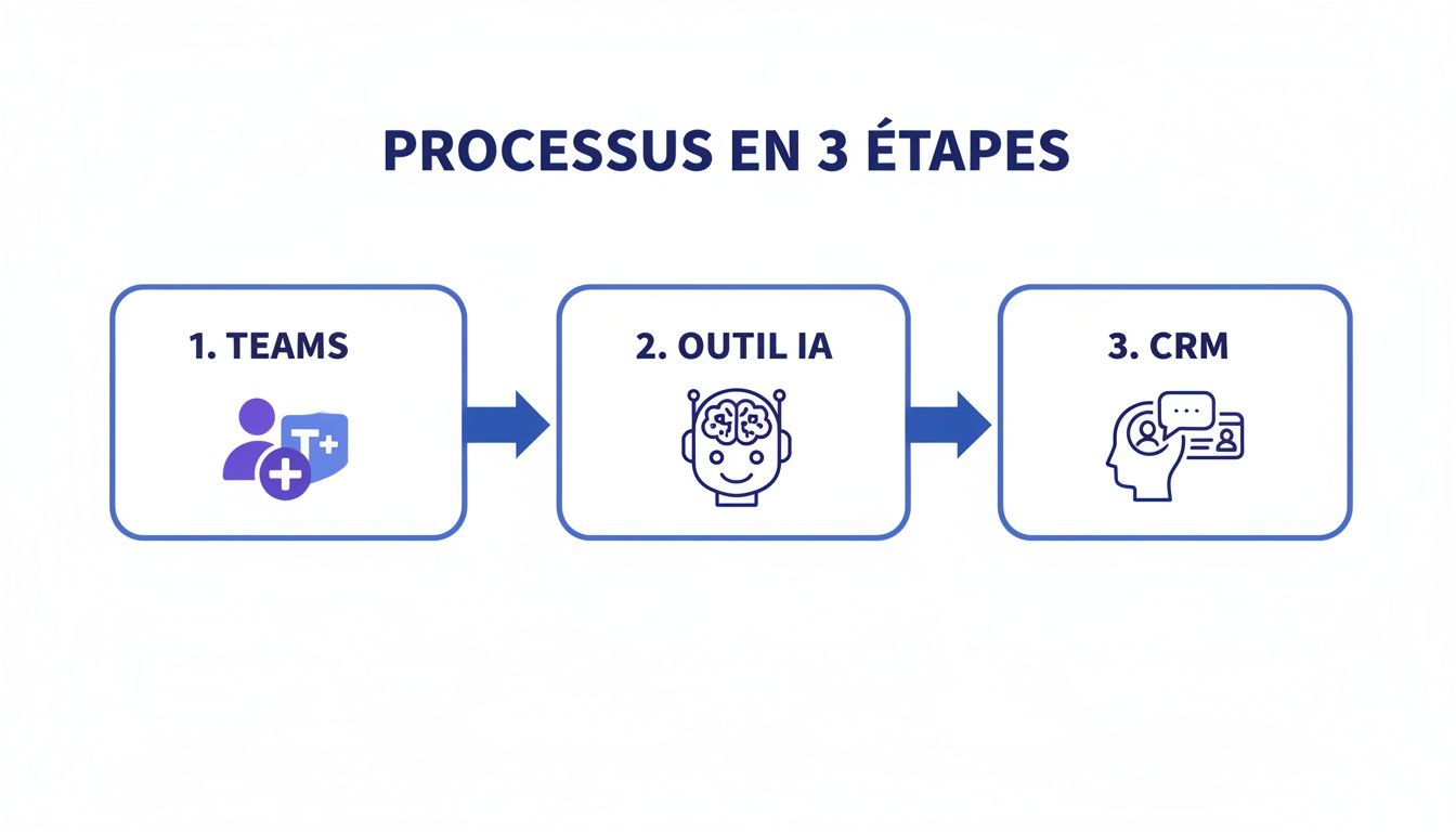 Schéma illustrant un processus en 3 étapes : Teams, outil IA et CRM, avec des flèches directionnelles.