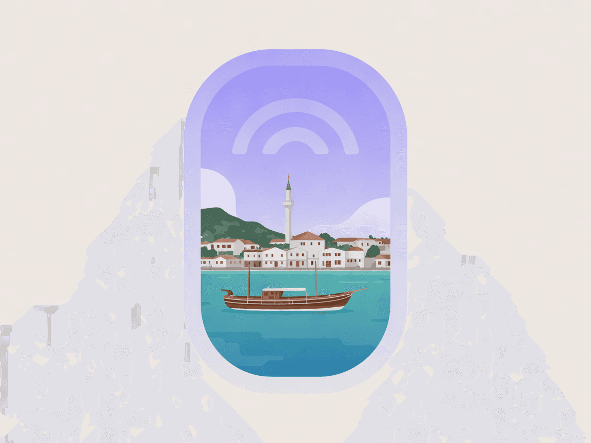 A phone-free scene of a Turkish coastal town with a minaret and a gulet boat, signal arcs in the sky, framed by an aeroplane window