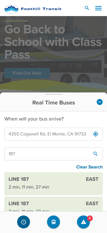 Foothilltransit.org mobile site sticky footer expansion displaying bus GPS locations