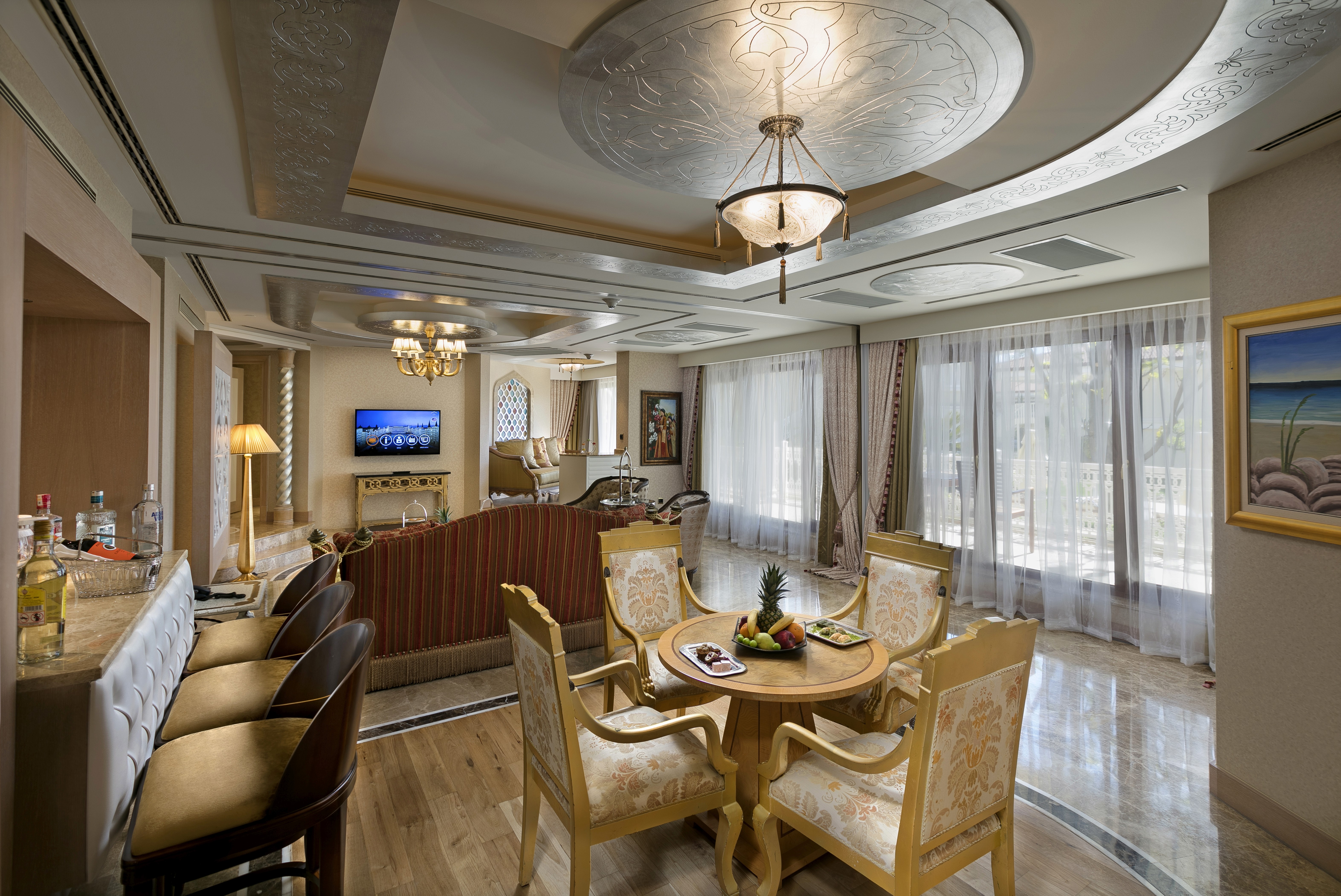 Indoor living space with dining table and relaxed seating area.