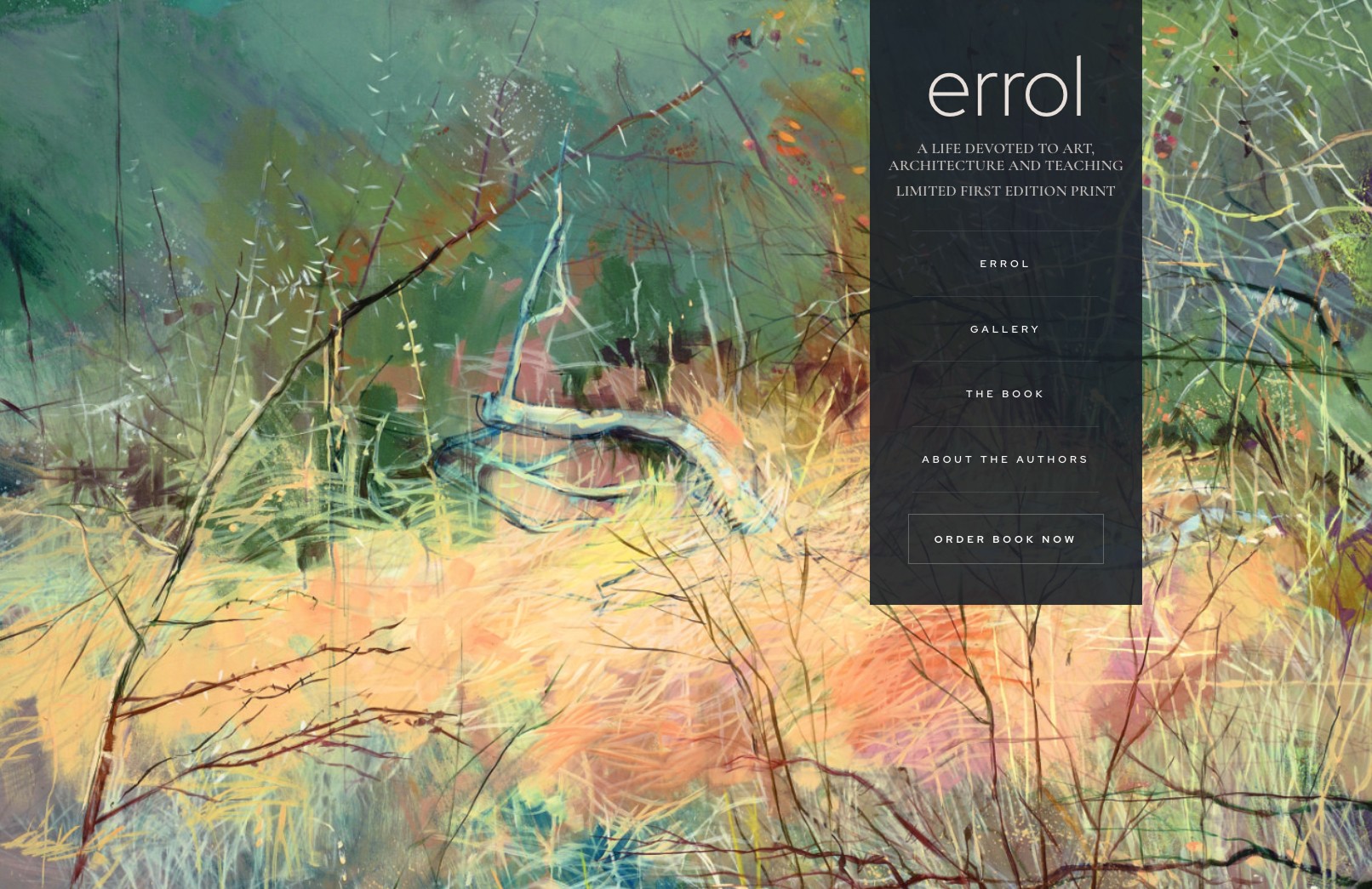 The homepage showcases Errol's artistic legacy through clean, elegant design that puts his work front and center.