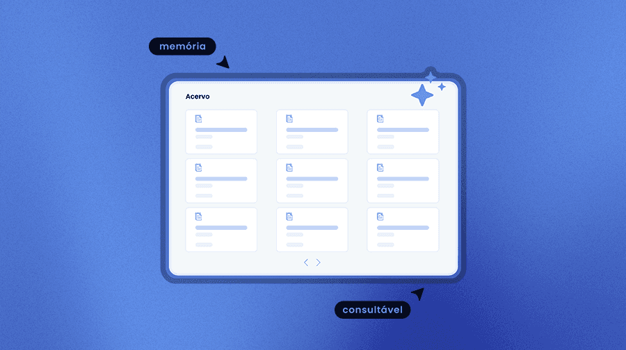 Interface "Acervo" com grade de documentos. Destaques: memória e consultável.