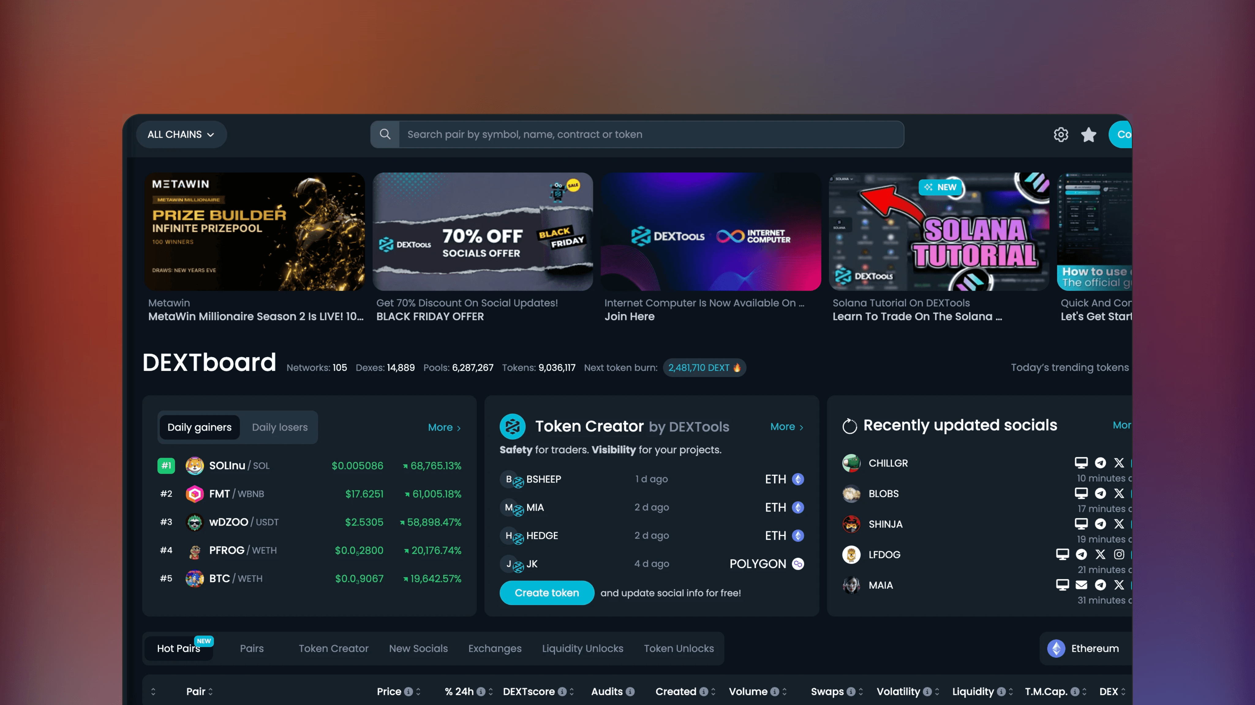 Website preview of DEXTools, trade analytics crypto platform showing price charts and transaction history for decentralized tokens.