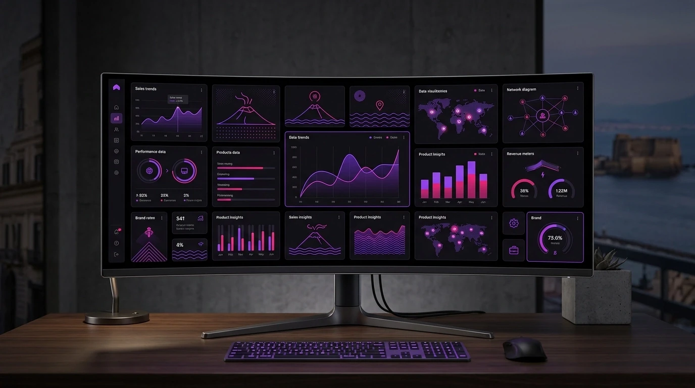 High-contrast custom Shopify and Framer dashboard for a luxury Naples brand displayed on a sleek premium monitor with violet-magenta lighting.