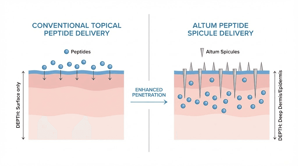 Comparison of conventional peptide delivery versus Idenel Altum spicule-based deep penetration delivery